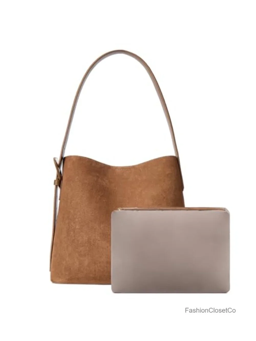 Faux suede bucket bag with adjustable strap, detachable zip pouch, snap closure